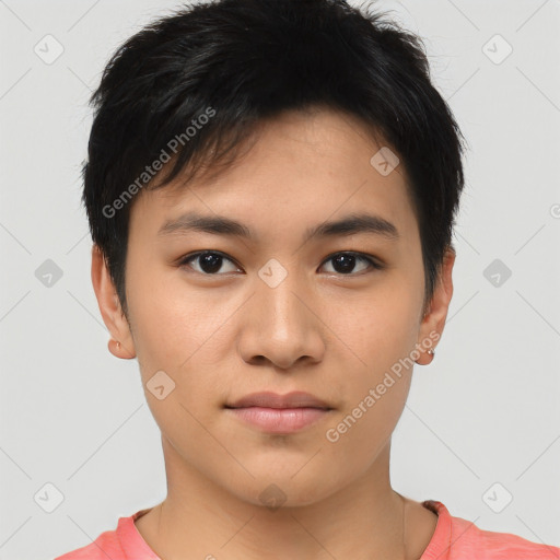 Neutral asian young-adult male with short  brown hair and brown eyes
