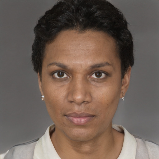 Neutral black adult female with short  brown hair and brown eyes