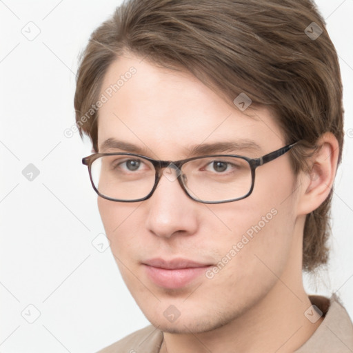 Neutral white young-adult male with short  brown hair and grey eyes