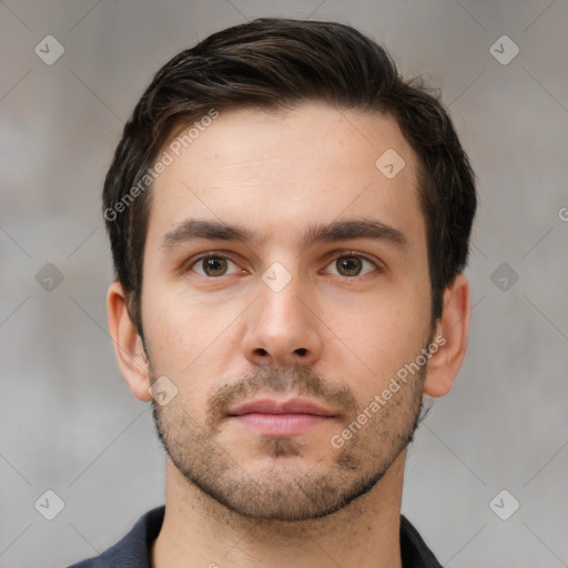 Neutral white young-adult male with short  brown hair and brown eyes