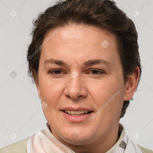 Joyful white adult female with short  brown hair and brown eyes