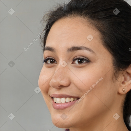 Joyful white young-adult female with medium  brown hair and brown eyes