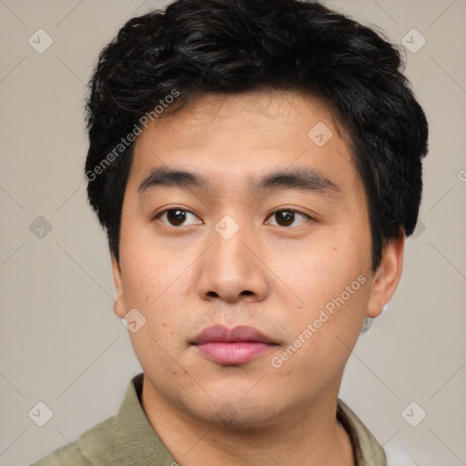 Neutral asian young-adult male with short  black hair and brown eyes