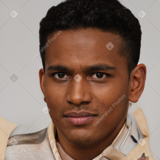 Neutral latino young-adult male with short  brown hair and brown eyes