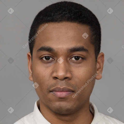 Neutral latino young-adult male with short  black hair and brown eyes