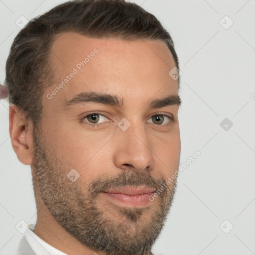 Neutral white young-adult male with short  brown hair and brown eyes
