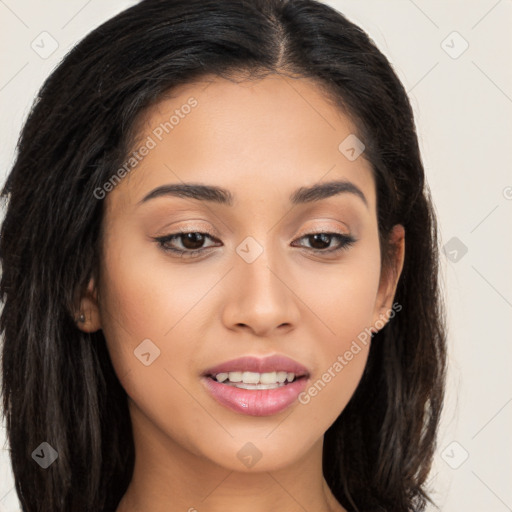 Joyful asian young-adult female with long  brown hair and brown eyes