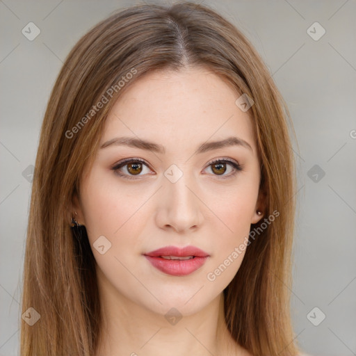 Neutral white young-adult female with long  brown hair and brown eyes