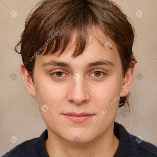 Joyful white young-adult male with medium  brown hair and brown eyes