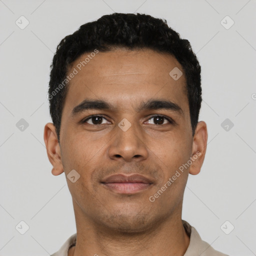 Neutral latino young-adult male with short  black hair and brown eyes