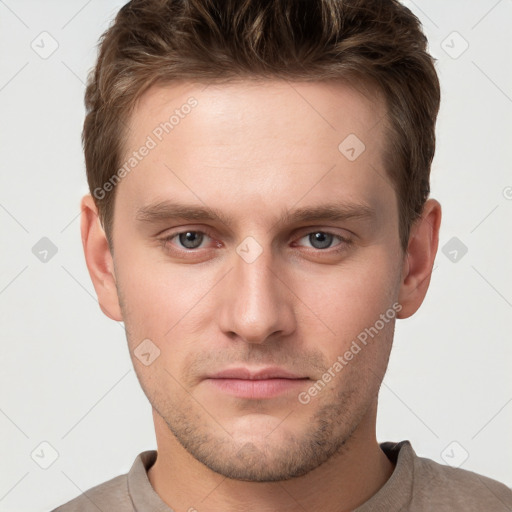 Neutral white young-adult male with short  brown hair and grey eyes