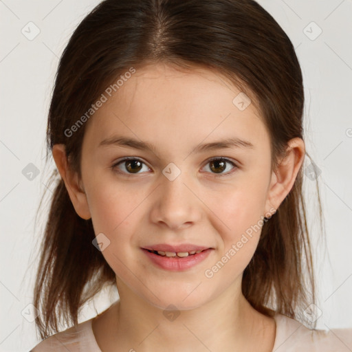 Joyful white child female with medium  brown hair and brown eyes