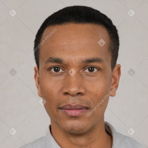 Neutral black young-adult male with short  black hair and brown eyes
