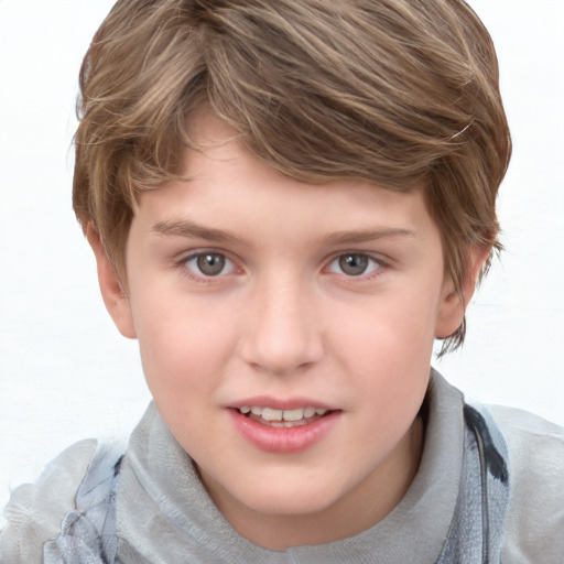 Joyful white child female with short  brown hair and brown eyes