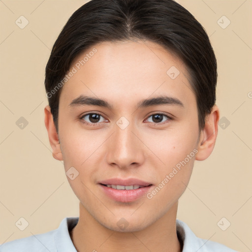 Joyful white young-adult male with short  brown hair and brown eyes