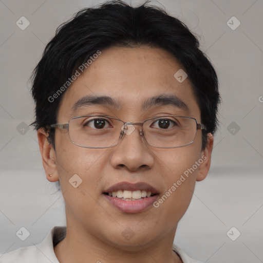 Joyful asian young-adult male with short  brown hair and brown eyes