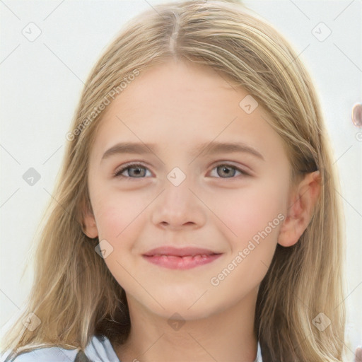 Joyful white child female with medium  brown hair and blue eyes