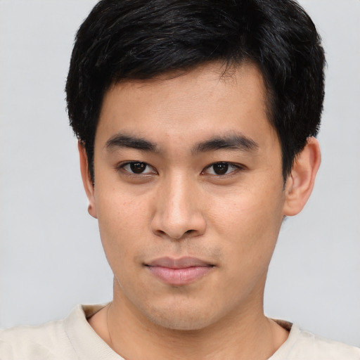 Neutral asian young-adult male with short  black hair and brown eyes