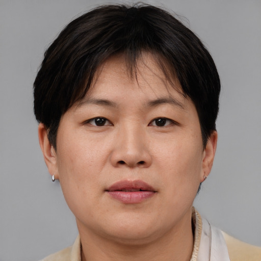 Neutral asian adult female with short  brown hair and brown eyes