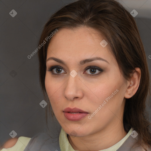 Neutral white young-adult female with medium  brown hair and brown eyes