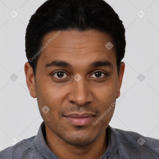 Joyful latino young-adult male with short  black hair and brown eyes