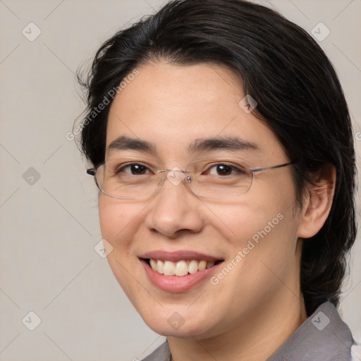 Joyful white adult female with medium  brown hair and brown eyes