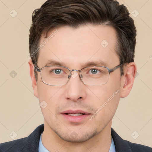 Neutral white adult male with short  brown hair and brown eyes