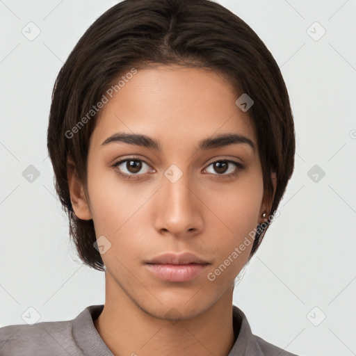 Neutral white young-adult female with short  brown hair and brown eyes