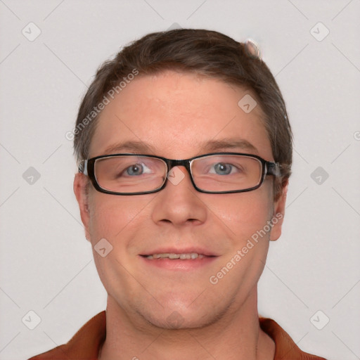 Neutral white young-adult male with short  brown hair and blue eyes