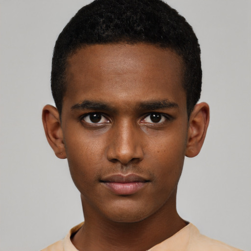 Neutral black young-adult male with short  black hair and brown eyes