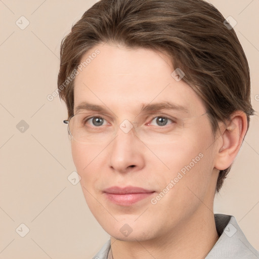 Joyful white young-adult male with medium  brown hair and brown eyes