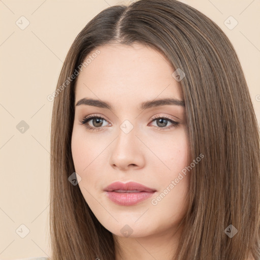 Neutral white young-adult female with long  brown hair and brown eyes