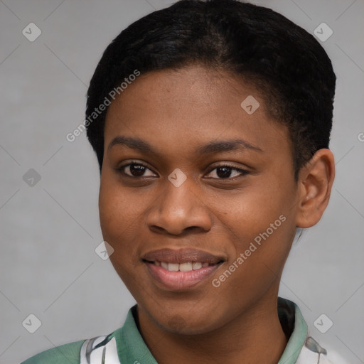 Joyful black young-adult female with short  brown hair and brown eyes