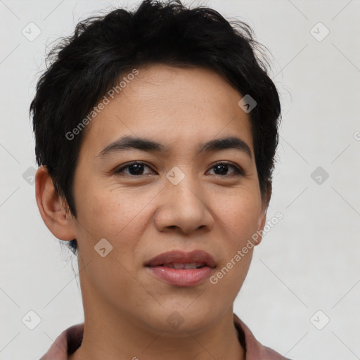 Joyful asian young-adult female with short  brown hair and brown eyes