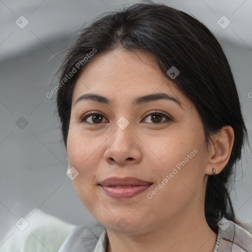 Joyful white adult female with medium  brown hair and brown eyes