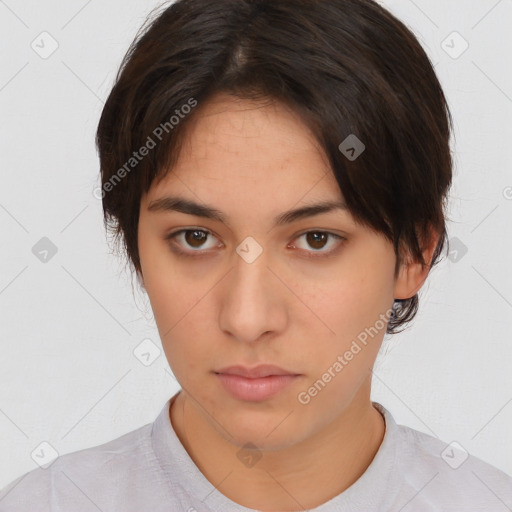 Neutral white young-adult female with short  brown hair and brown eyes