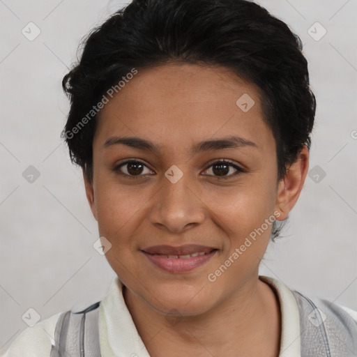 Joyful latino young-adult female with short  black hair and brown eyes