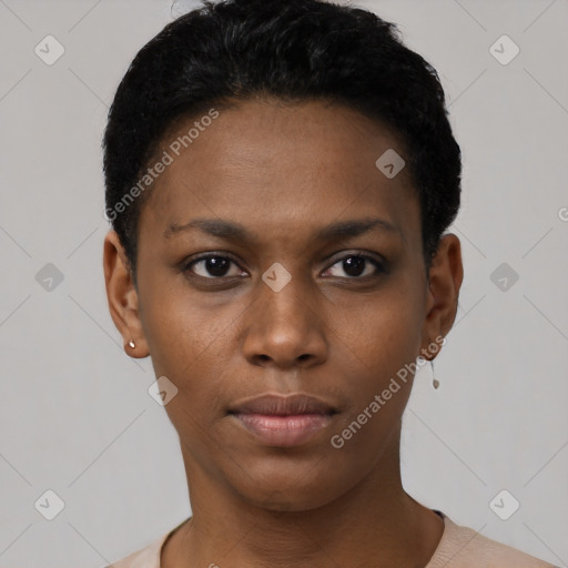 Neutral black young-adult female with short  black hair and brown eyes