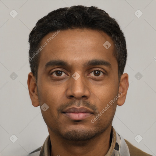 Neutral latino young-adult male with short  black hair and brown eyes