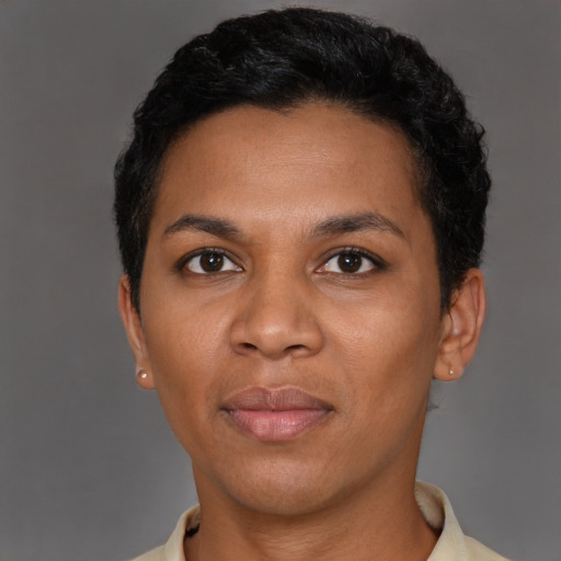 Neutral latino young-adult female with short  black hair and brown eyes
