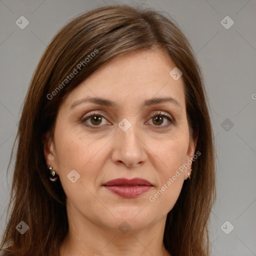 Joyful white adult female with long  brown hair and brown eyes