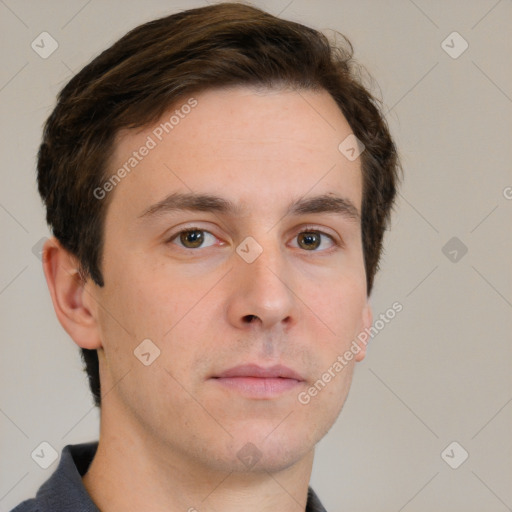 Neutral white young-adult male with short  brown hair and grey eyes