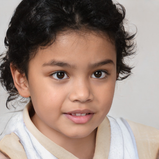 Joyful white child female with medium  brown hair and brown eyes