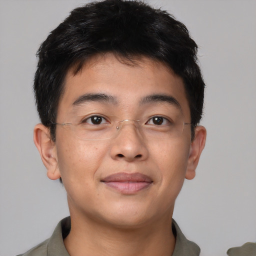 Neutral asian young-adult male with short  brown hair and brown eyes