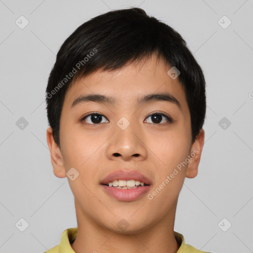 Joyful asian young-adult male with short  black hair and brown eyes