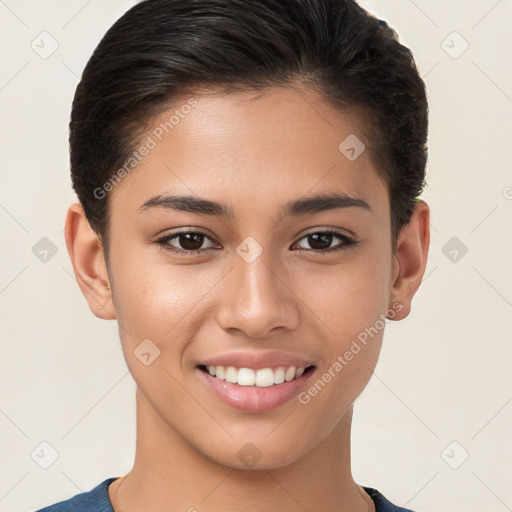 Joyful white young-adult female with short  brown hair and brown eyes