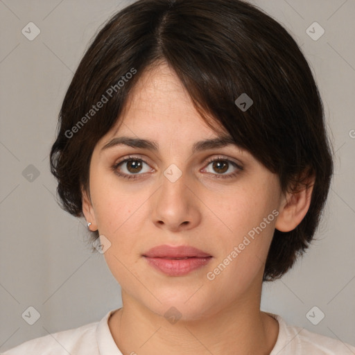 Neutral white young-adult female with medium  brown hair and brown eyes