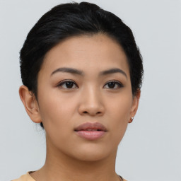 Neutral asian young-adult female with short  black hair and brown eyes