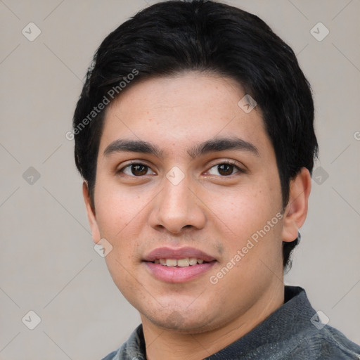 Joyful asian young-adult male with short  black hair and brown eyes