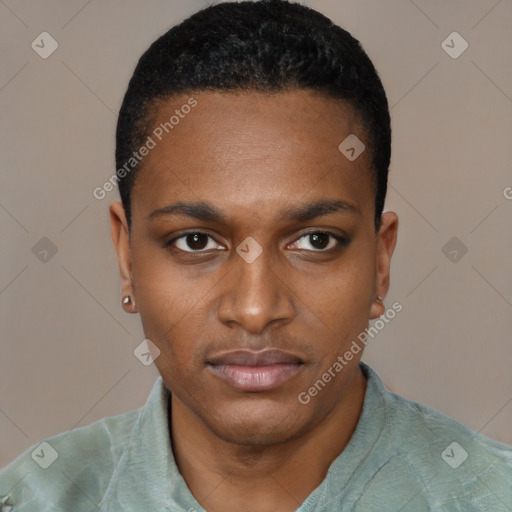 Neutral black young-adult male with short  black hair and brown eyes